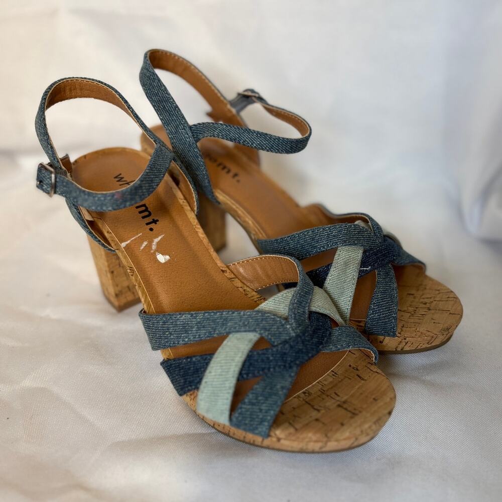 White Mountain Dubonnet Denim Cork Platform Block Heel Sandals Women's Size 5.5